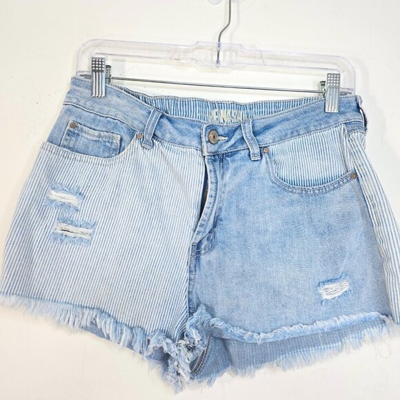 Rewash Blue Colorblock Pinstripe Acid Wash Raw Hem Cut off Denim Mom Shorts - Picture 2 of 7